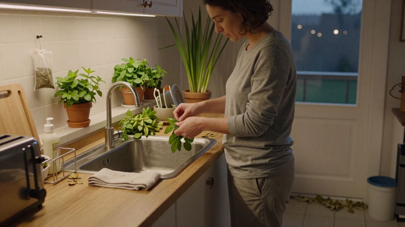 Mulher a lavar ervas frescas numa cozinha com plantas em vasos no balcão de madeira.