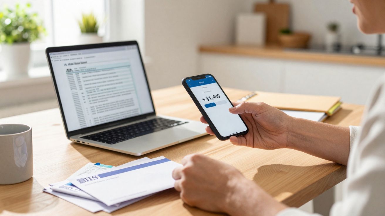 Pessoa a verificar saldo bancário no telemóvel junto a computador portátil e documentos numa mesa de madeira.