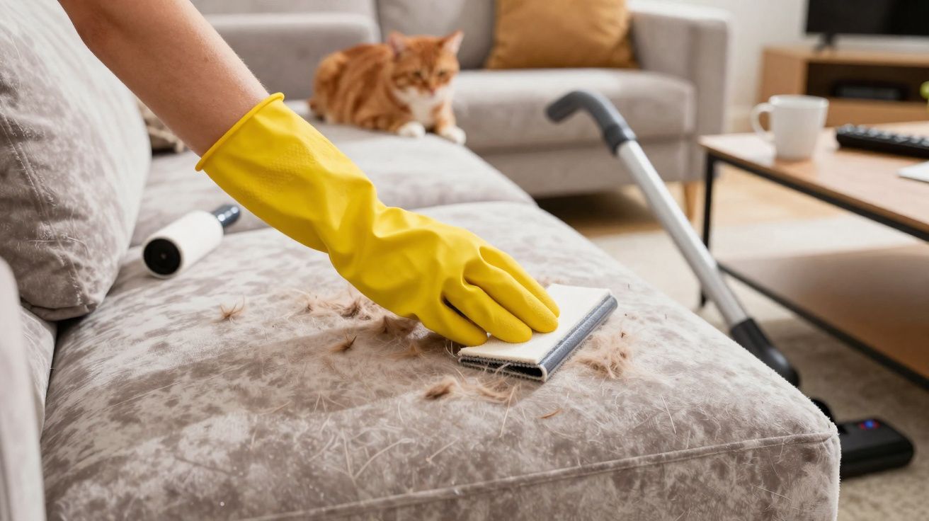 Mão com luva amarela a limpar pelos de gato num sofá cinza, com um gato laranja no fundo.