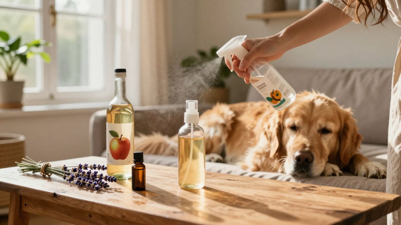 Pessoa a borrifar spray natural perto de cão dourado deitado no sofá numa sala iluminada.