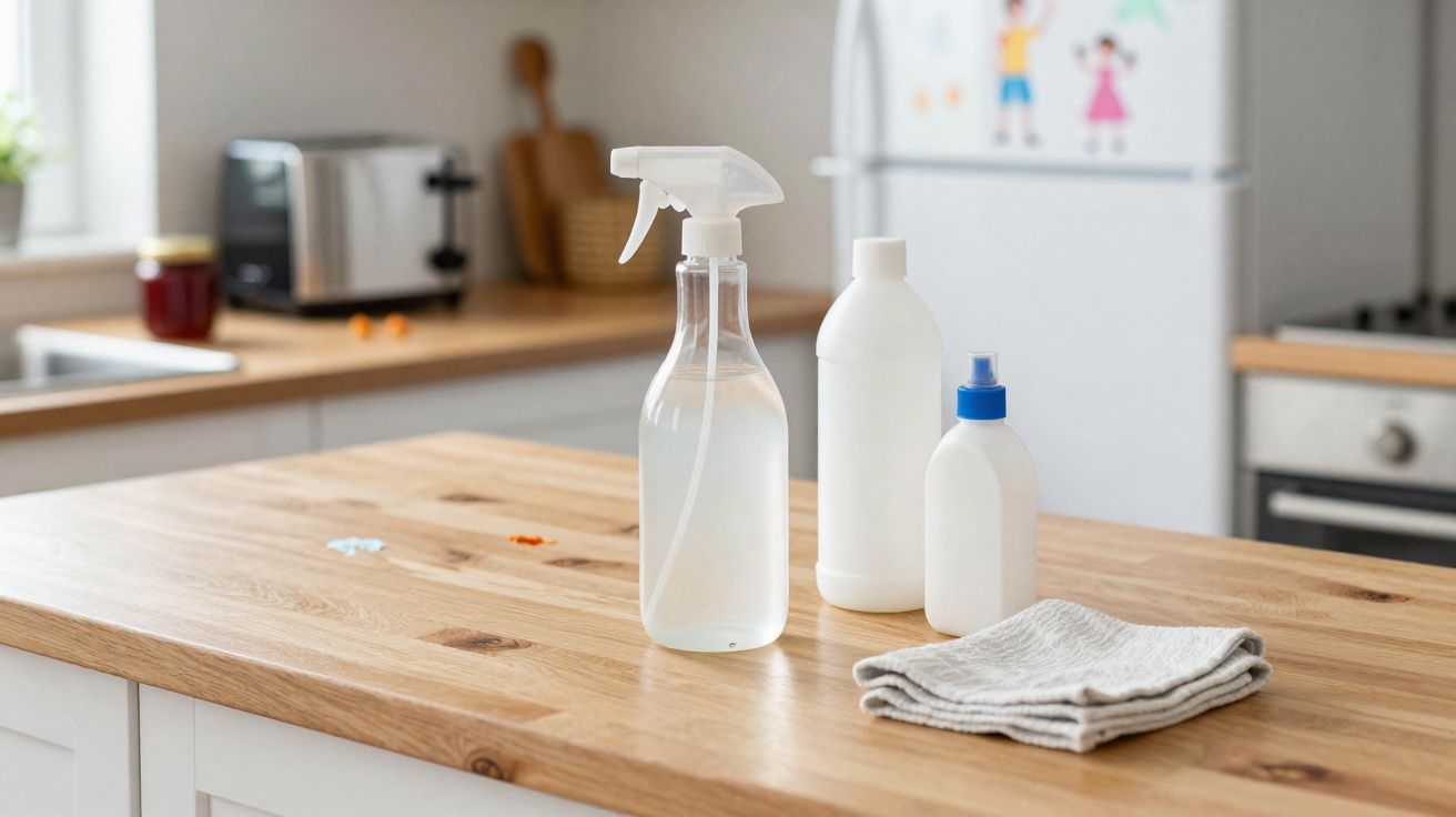 Borrifador, duas garrafas de limpeza e pano cinzento sobre bancada de cozinha em madeira.