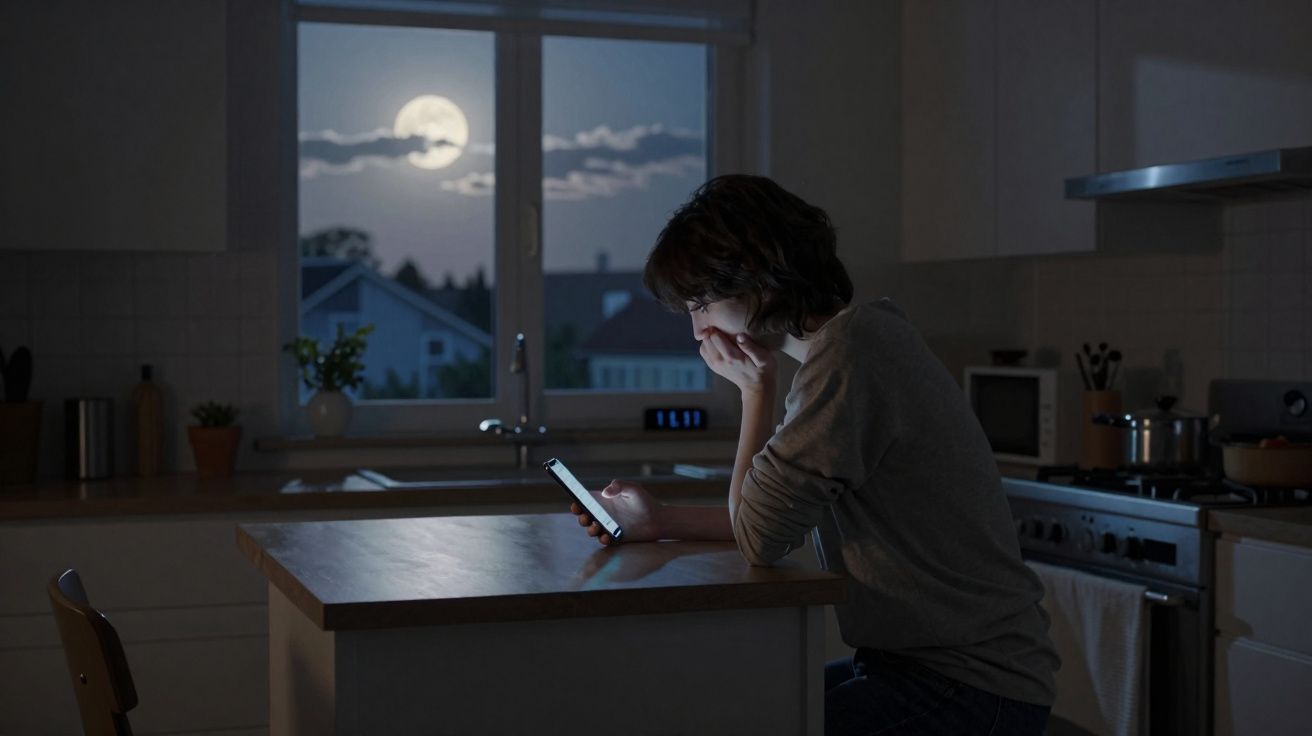 Pessoa sentada numa cozinha à noite, a olhar para o telemóvel, com a lua cheia visível pela janela.