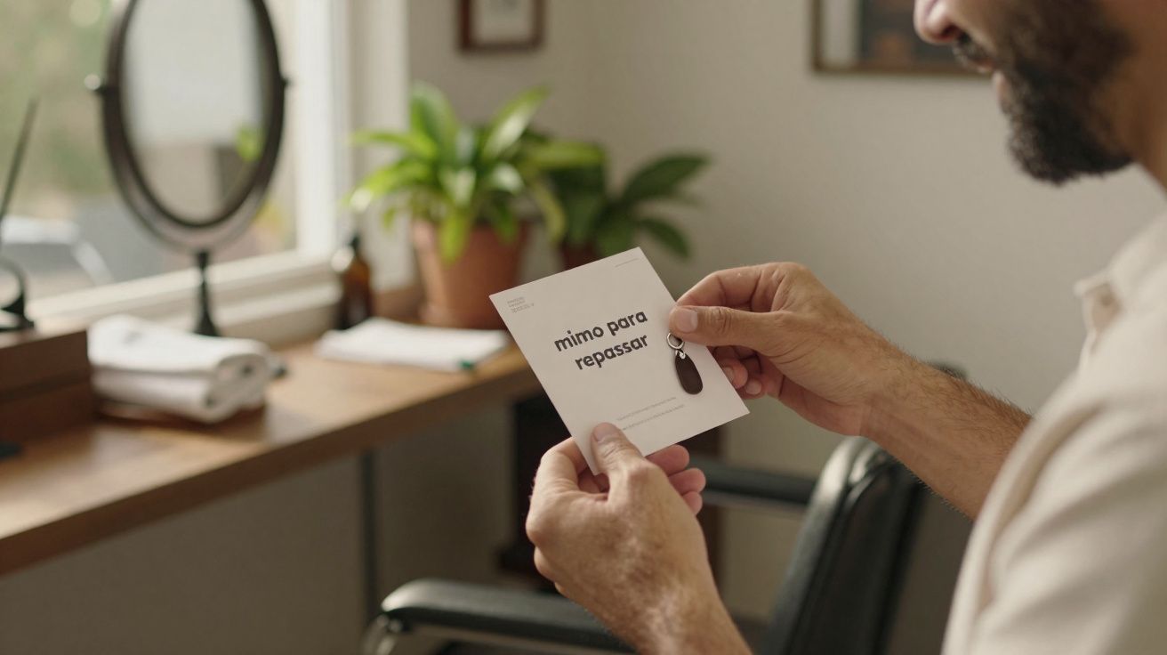 Pessoa a segurar cartão com mensagem "mimo para repassar" e chave numa barbearia.