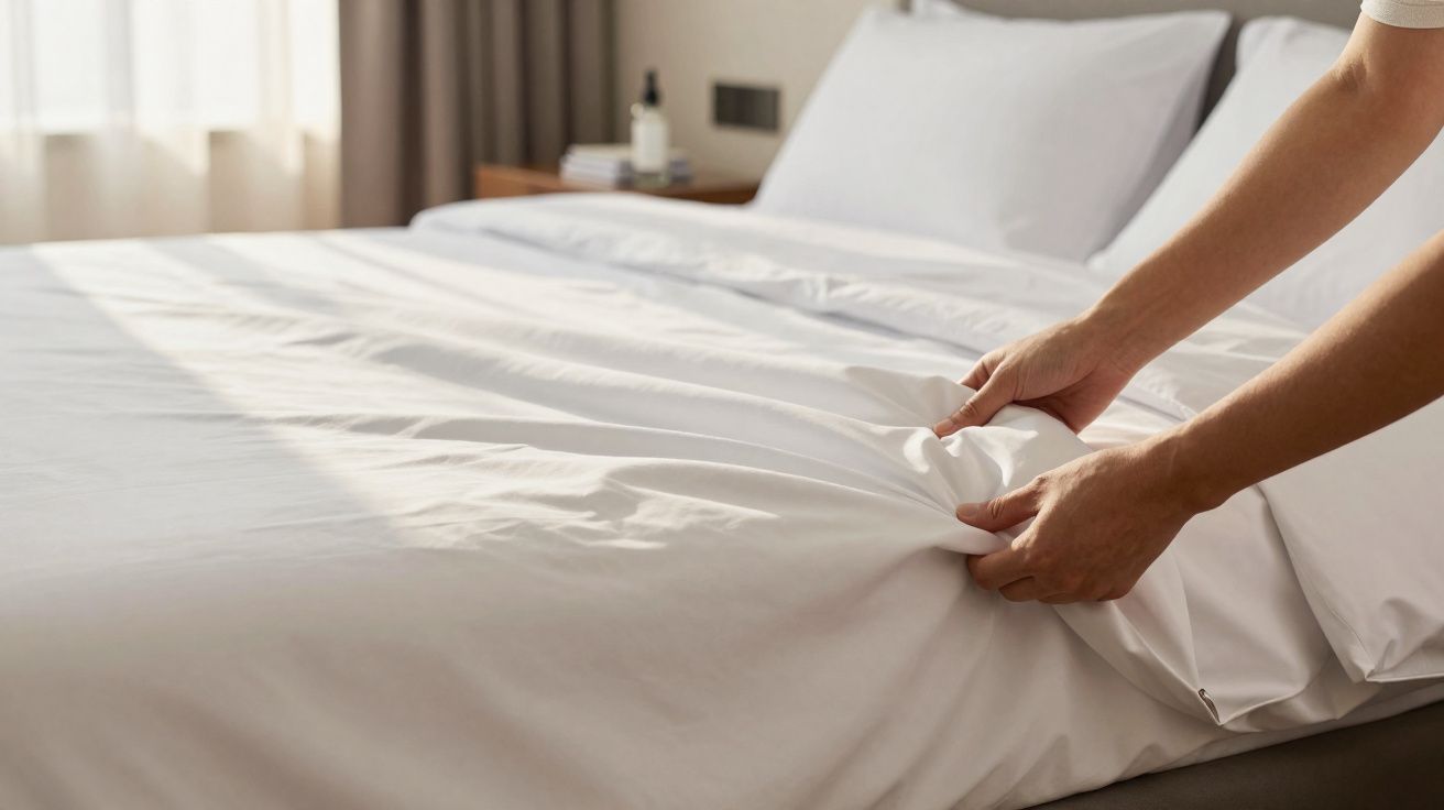 Pessoa a arrumar uma cama com lençóis brancos numa divisão iluminada por luz natural.
