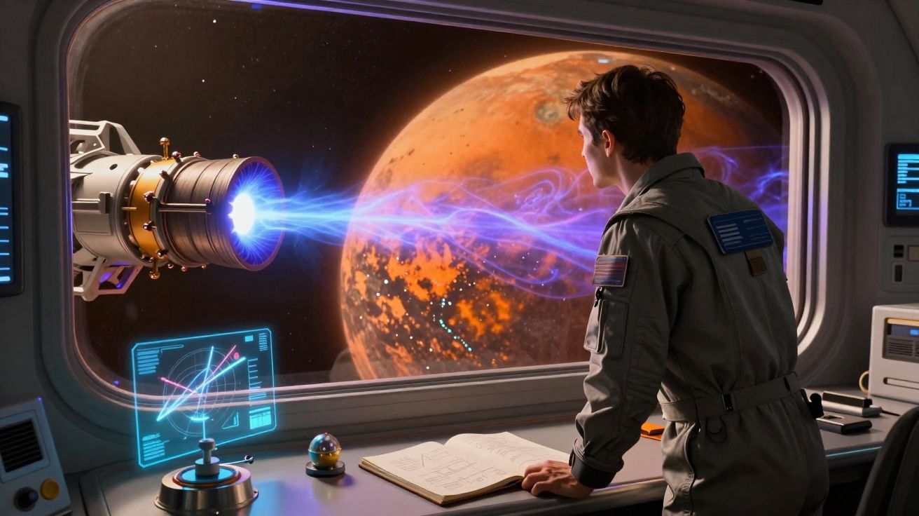 Astronauta observa planeta laranja através de janela da nave espacial enquanto energia azul é emitida por dispositivo.