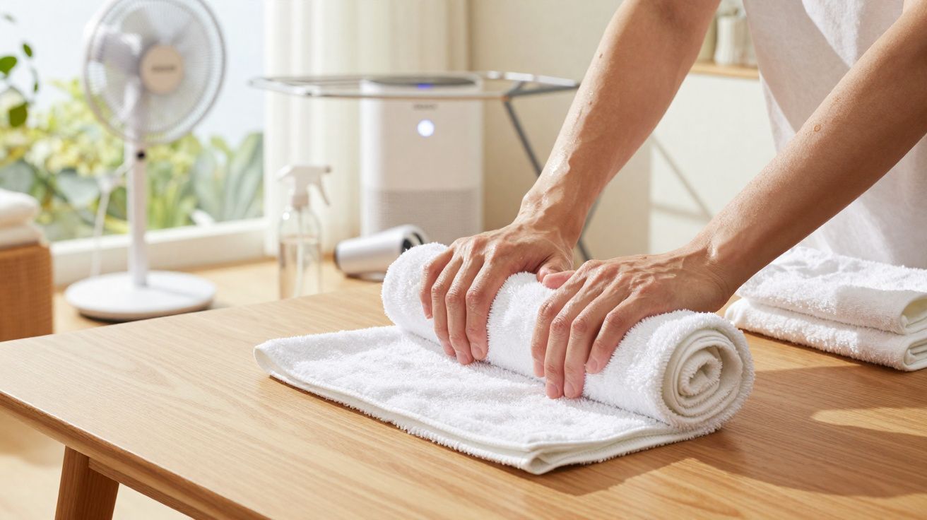 Mãos a enrolar uma toalha branca numa mesa de madeira num ambiente iluminado e acolhedor.