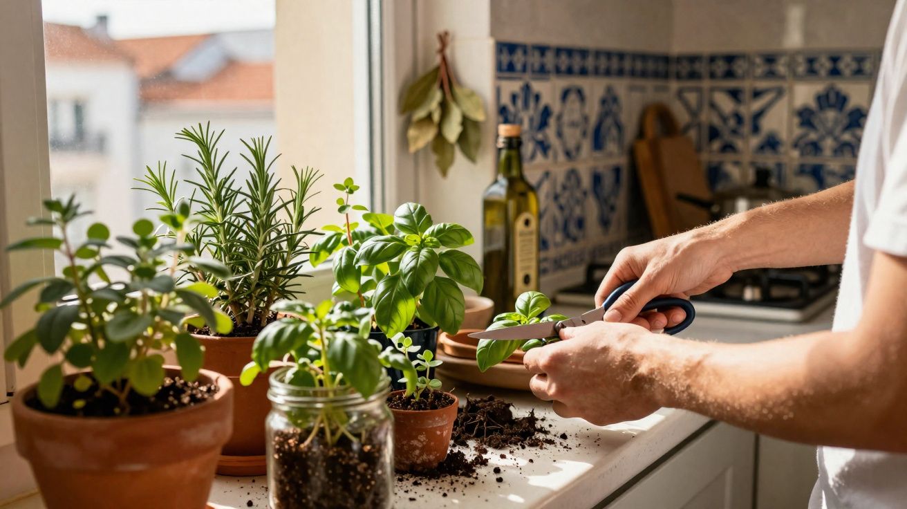 Pessoa a podar ervas aromáticas numa cozinha com azulejos tradicionais portugueses.