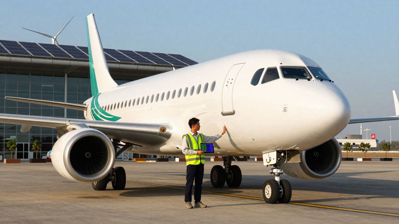 Aeronave branca estacionada no pátio com técnico em colete amarelo inspecionando o motor ao amanhecer.