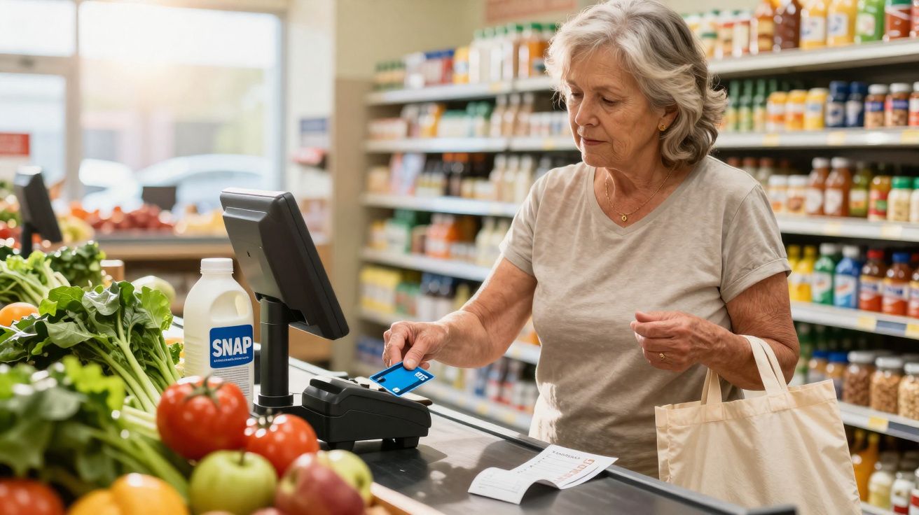 Mulher sénior paga compras com cartão num supermercado com legumes e frutas na bancada.