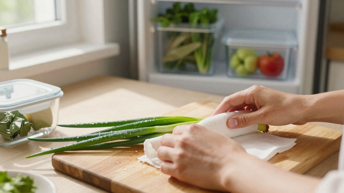 Mãos a secar cebolinhas verdes num pano de cozinha sobre tábua de madeira perto do frigorífico.