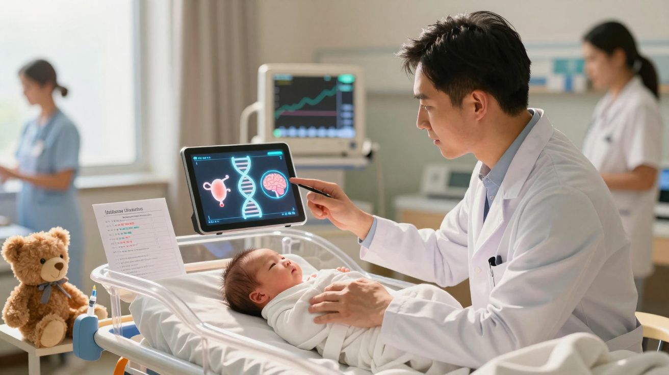 Médico examina bebé recém-nascido numa incubadora enquanto observa gráficos genéticos num ecrã digital.