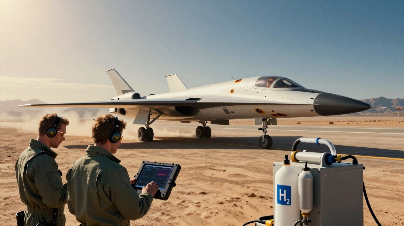 Dois técnicos com auscultadores operam um tablet junto a um jato experimental num deserto, com equipamento de hidrogénio visí
