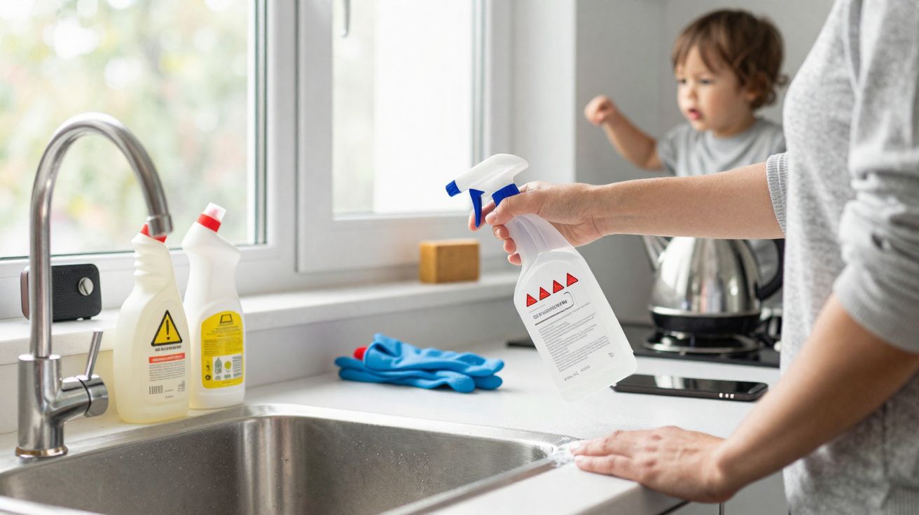 Pessoa a limpar bancadas de cozinha com produtos de limpeza e uma criança ao fundo.