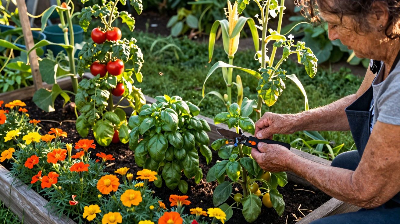 Mulher a colher manjericão num canteiro com tomates, milho e flores em jardim ensolarado.