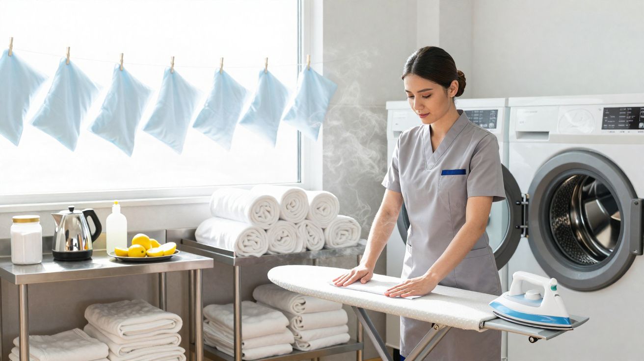 Mulher a passar a ferro toalhas brancas numa lavandaria com máquinas de lavar e toalhas dobradas.