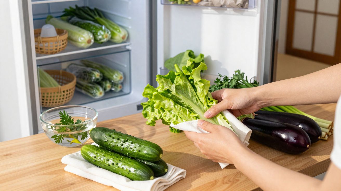 Mãos a secar folhas de alface junto a pepinos, beringelas e outros legumes numa cozinha perto do frigorífico aberto.