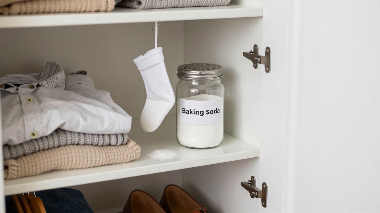 Armário com roupas dobradas, meias penduradas e frasco de bicarbonato de sódio para limpeza.