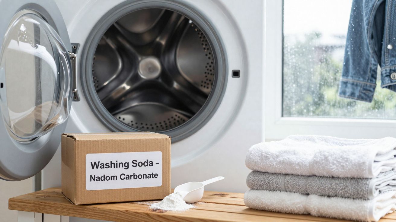 Máquina de lavar roupa aberta, detergente em caixa e toalhas dobradas num balcão de madeira.