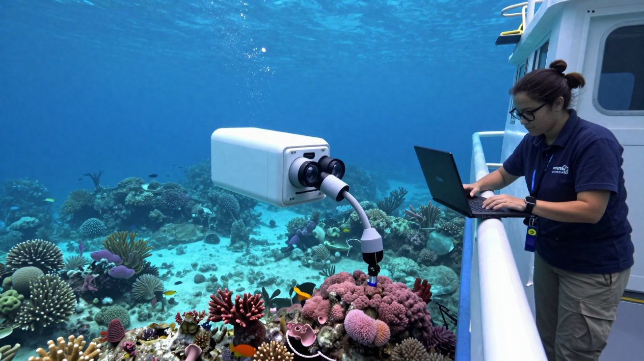 Investigadora num barco usa portátil enquanto um drone subaquático examina um recife de coral colorido.