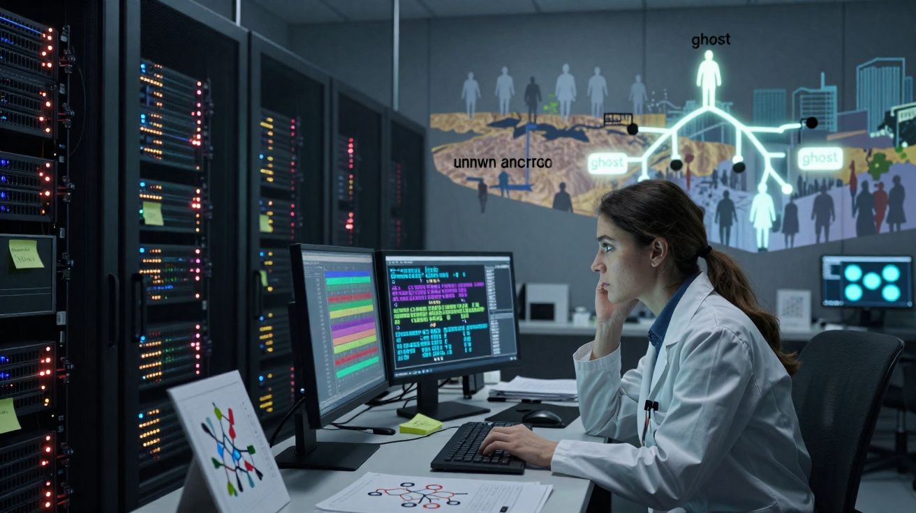 Mulher a trabalhar com computadores em sala de servidores, com gráficos e dados exibidos num ecrã.