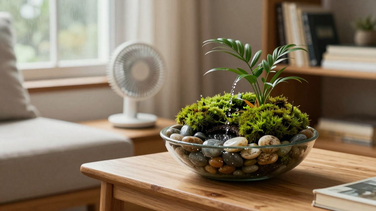 Planta decorativa com pedras e musgo numa taça de vidro sobre mesa de madeira numa sala.