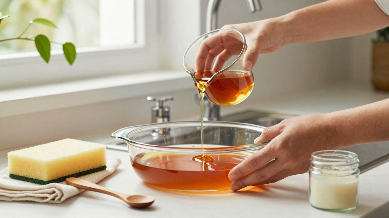 Mãos a verter líquido dourado num recipiente de vidro junto a esponja, colher de madeira e frasco sobre bancada da cozinha.