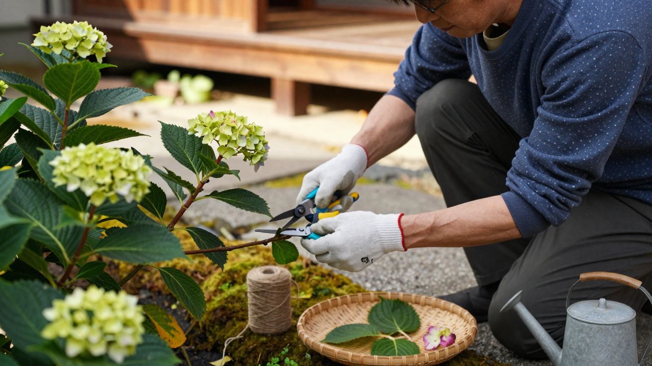 Pessoa a podar flores de hortênsia num jardim com luvas brancas e tesoura de poda.