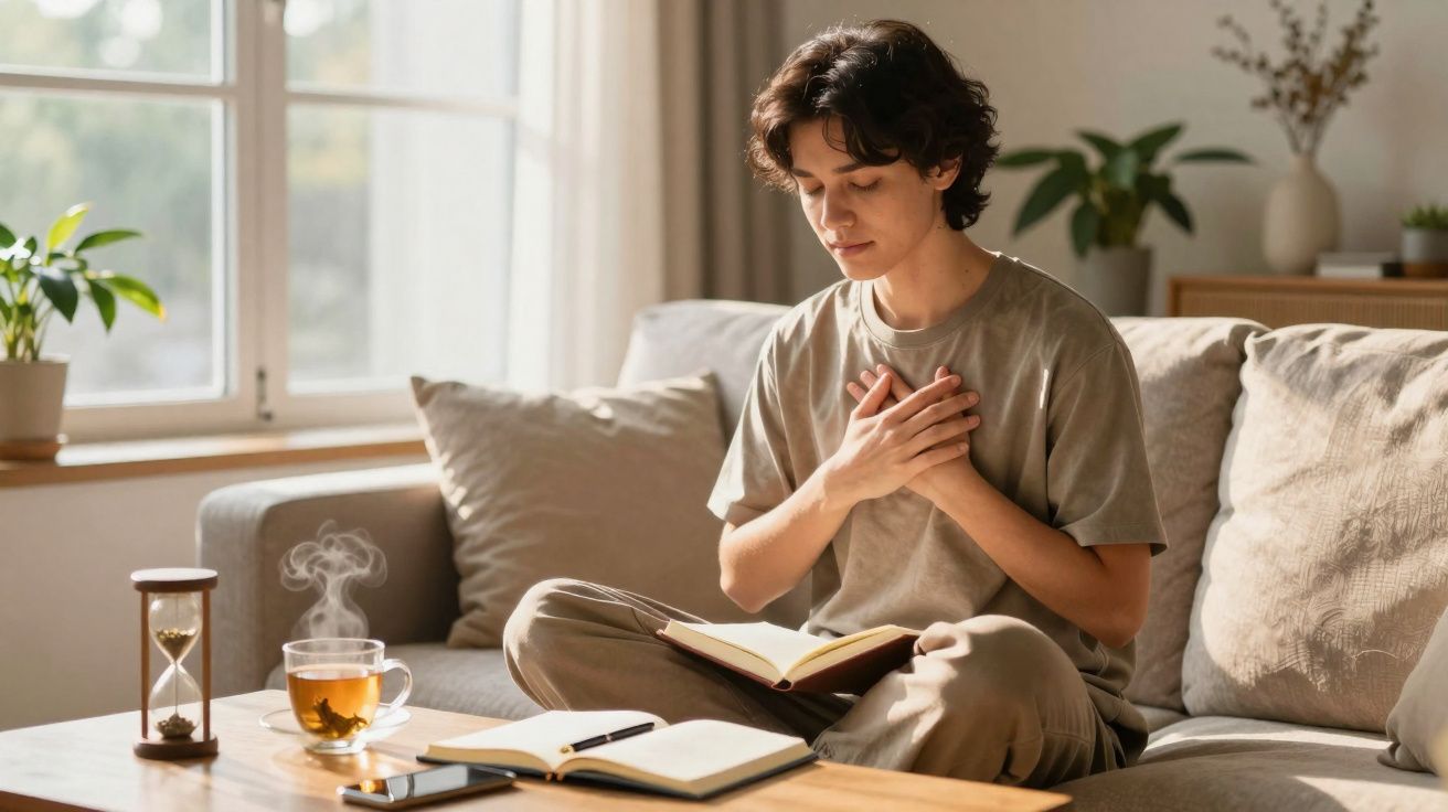 Jovem sentado no sofá com um livro aberto, mãos no peito, em ambiente iluminado e acolhedor.