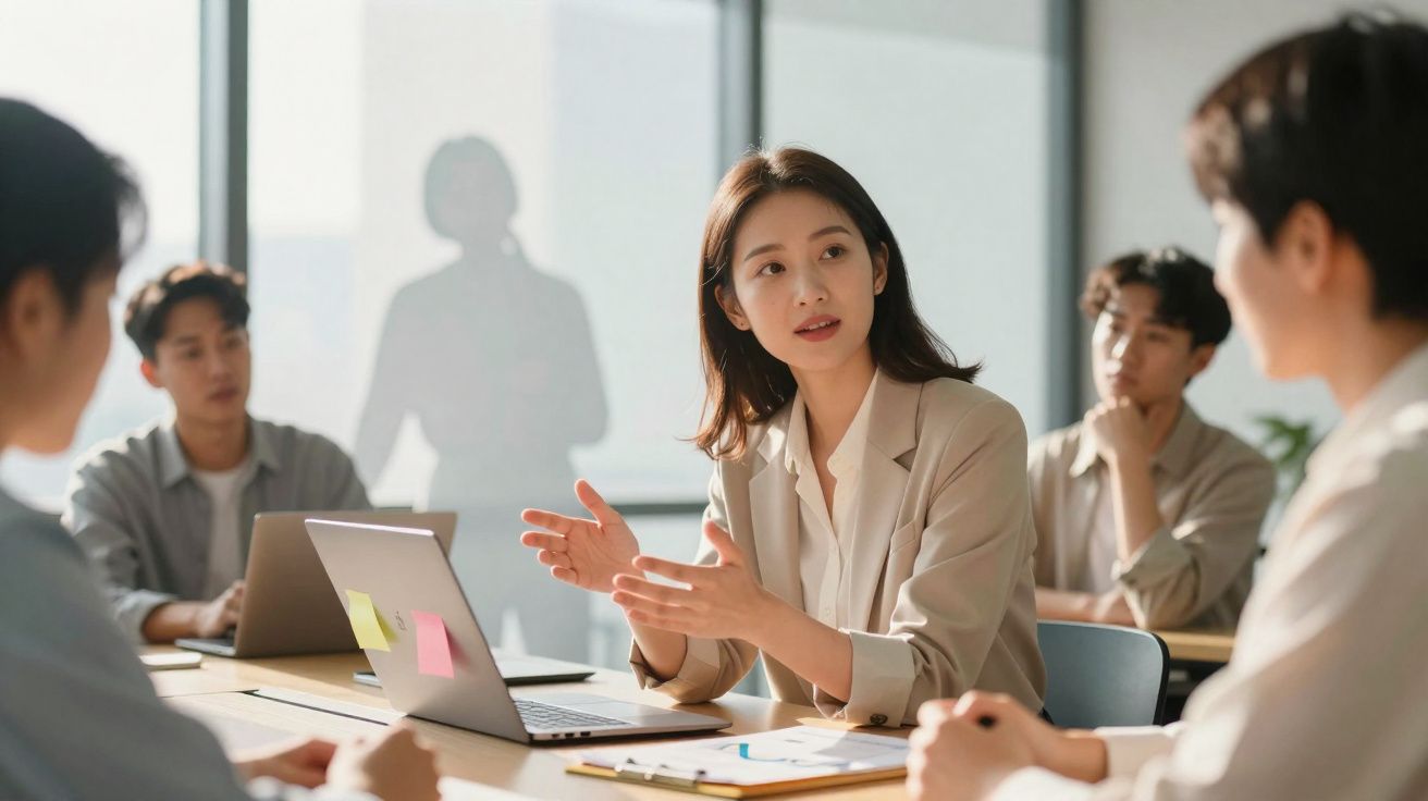 Mulher a explicar ideia para colegas numa reunião de trabalho num escritório moderno e iluminado.