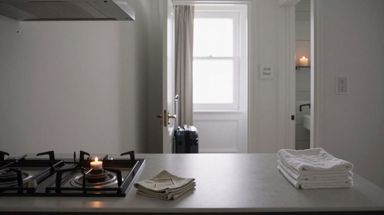 Cozinha minimalista com fogão, vela acesa, toalhas e porta aberta para corredor com mala e janela.