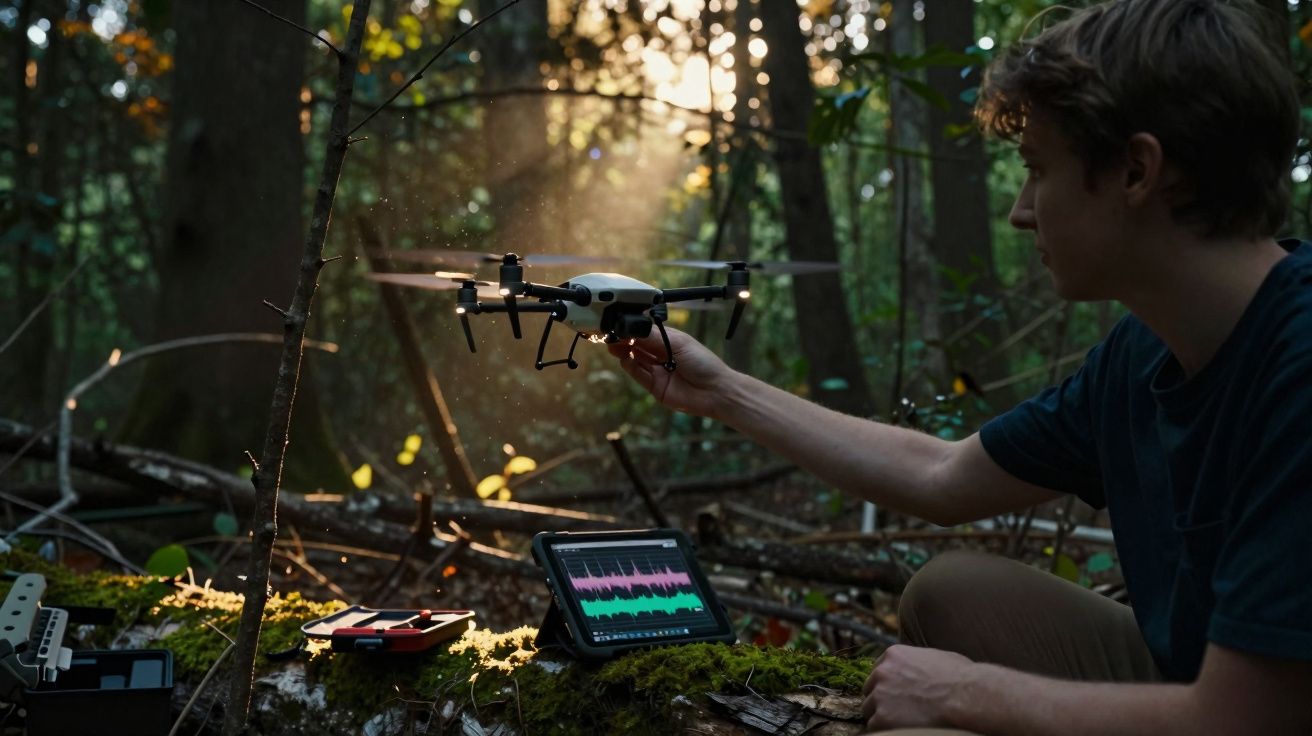 Pessoa segura drone próximo a tablet com gráficos numa floresta iluminada pelo sol ao entardecer.