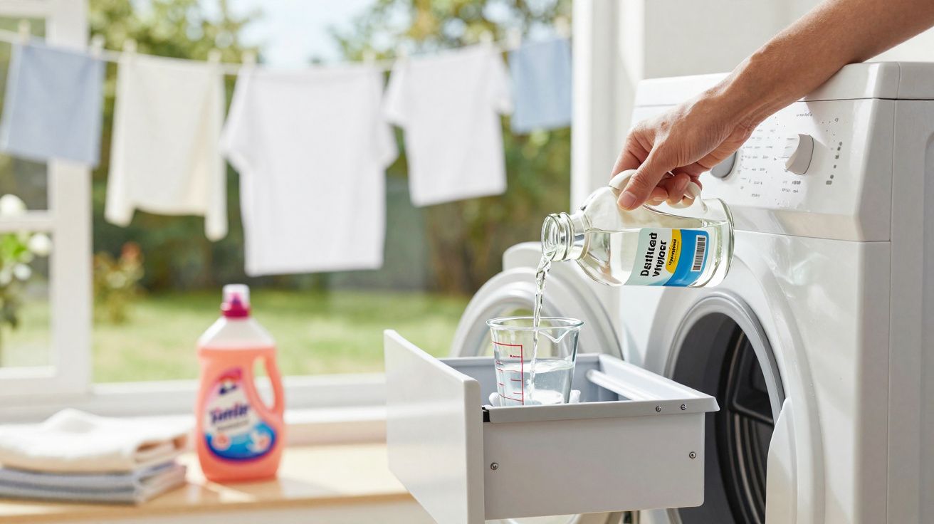 Pessoa a deitar vinagre branco numa máquina de lavar roupa enquanto roupa seca ao fundo.