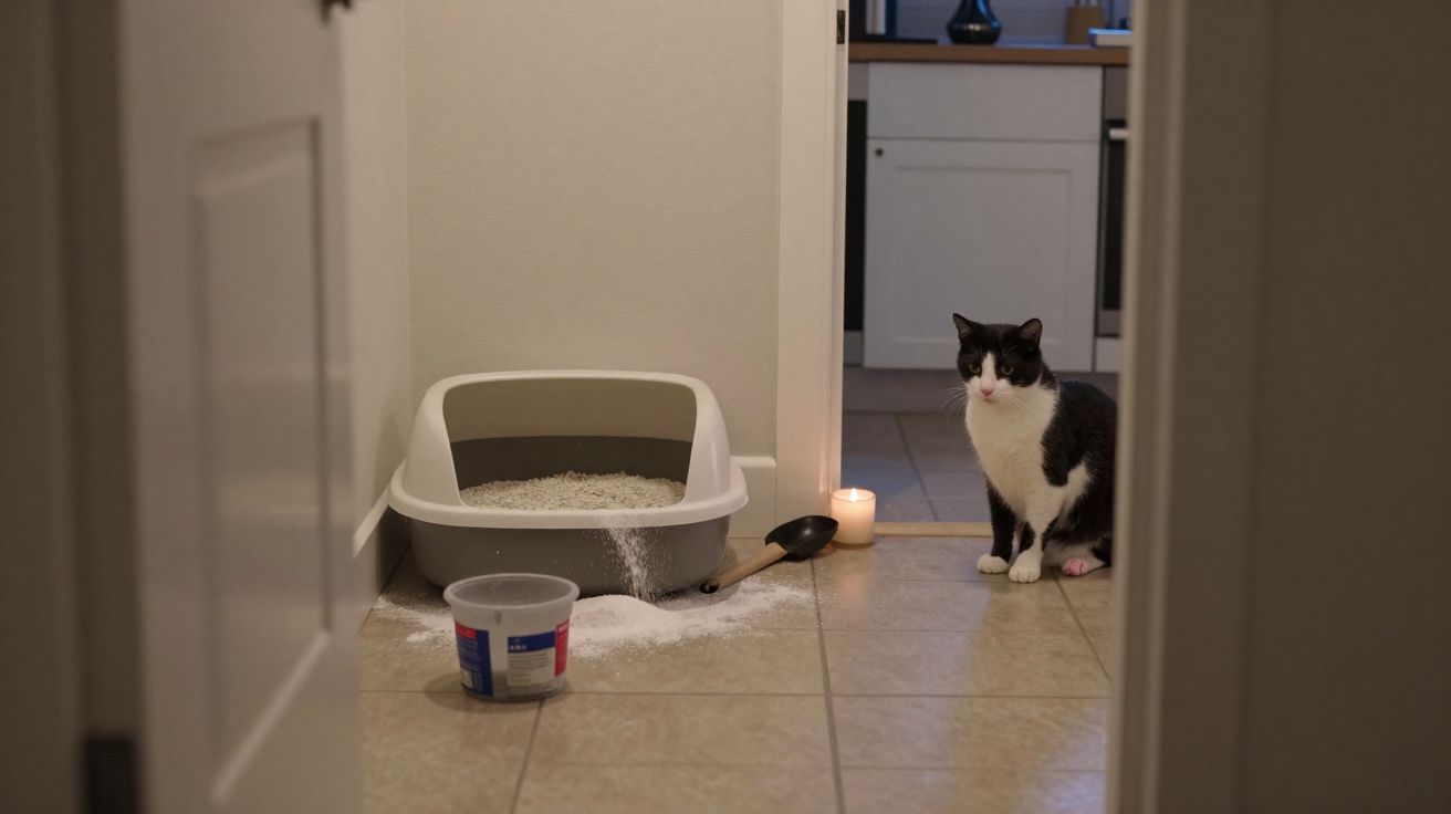 Gato preto e branco sentado perto de caixa de areia e areia espalhada no chão numa divisão.