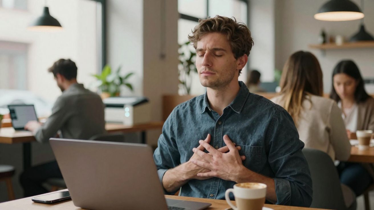 Homem sentado em café com mãos no peito e expressão de desconforto ao lado de portátil e café.