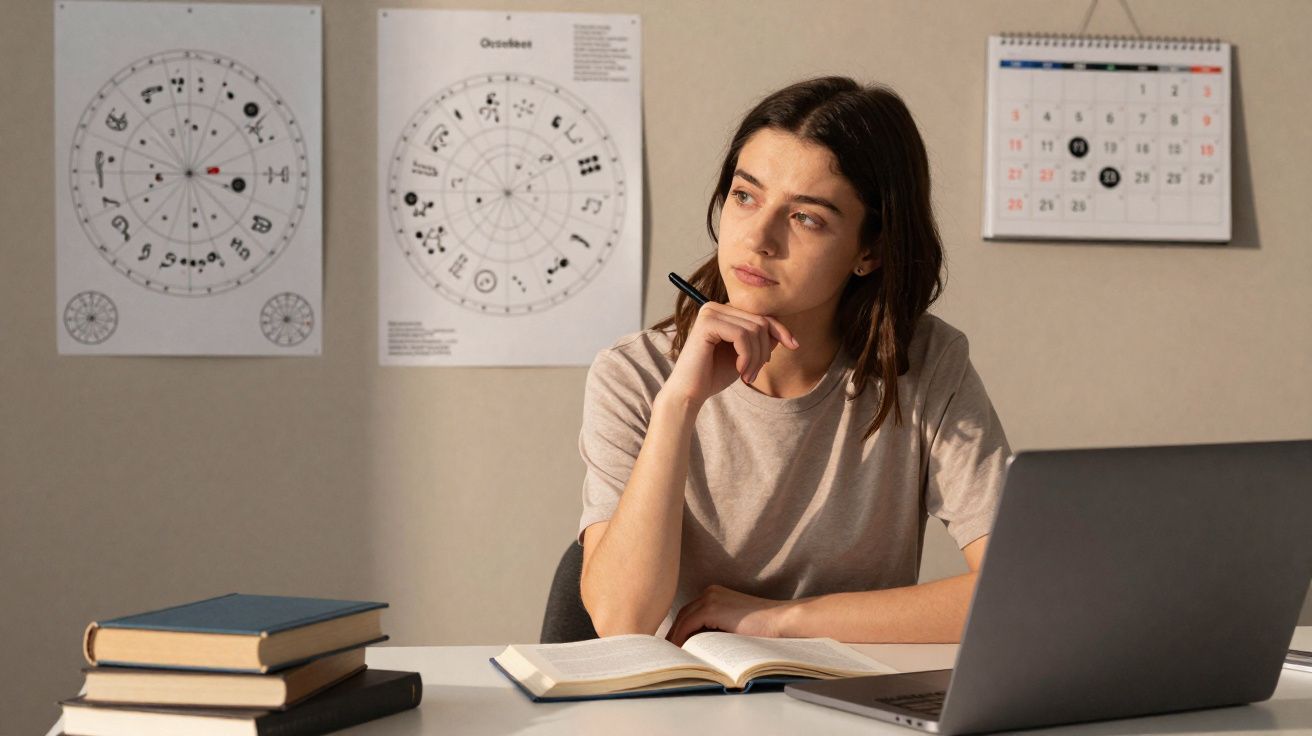 Mulher pensativa com caneta na mão, sentada numa mesa com livros e laptop, olhando para o lado.