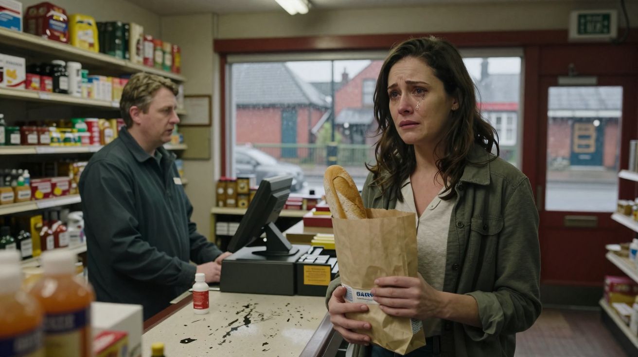 Mulher com expressão triste segura saco de pão numa loja enquanto homem trabalha no caixa ao fundo.