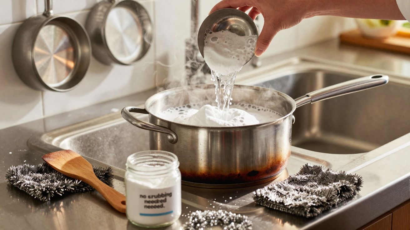 Pessoa a despejar bicarbonato de sódio numa panela com água a ferver numa cozinha doméstica.