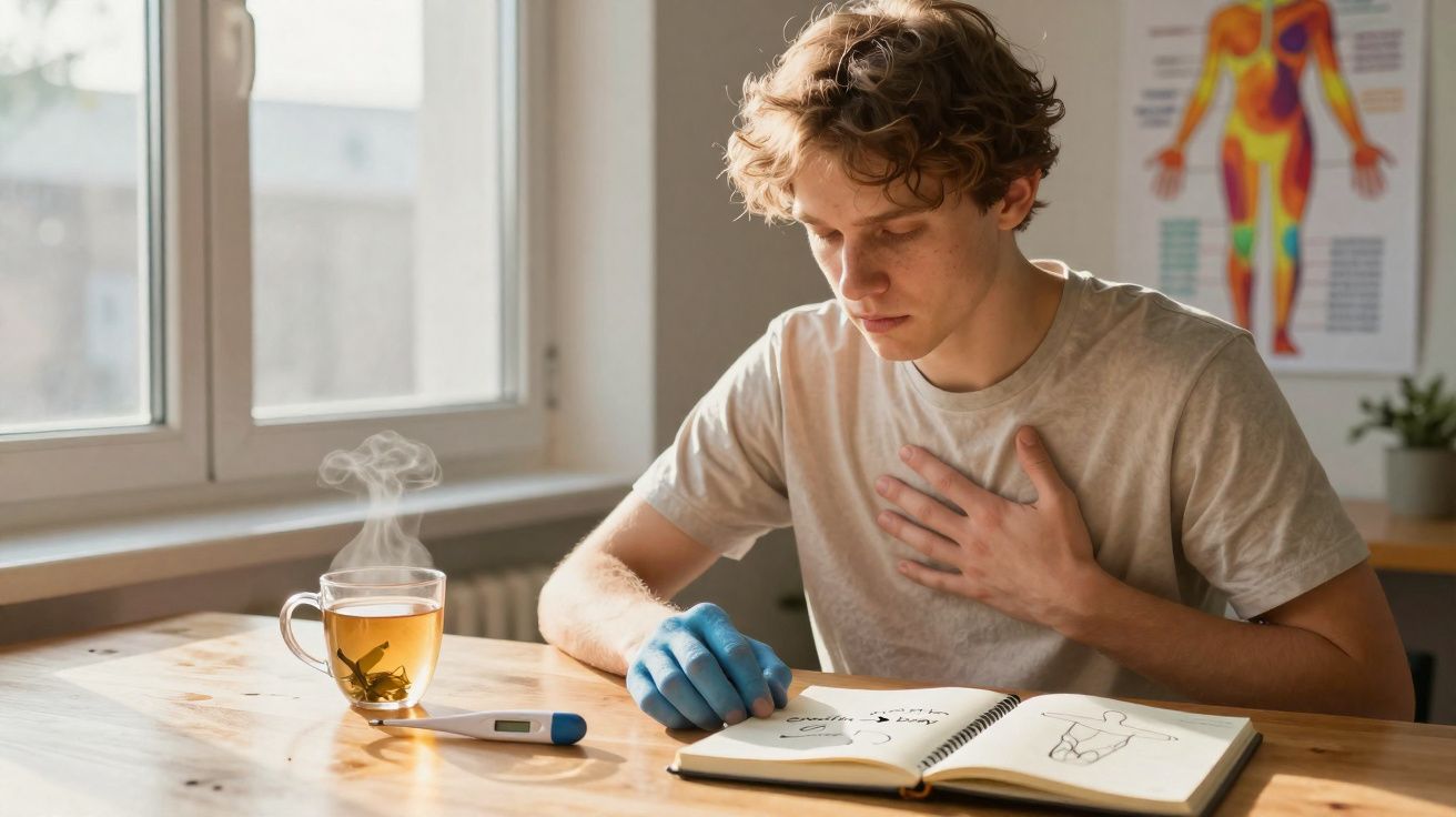Jovem com luva azul a ler livro sobre anatomia, com mão no peito, chá quente e termómetro na mesa perto da janela.