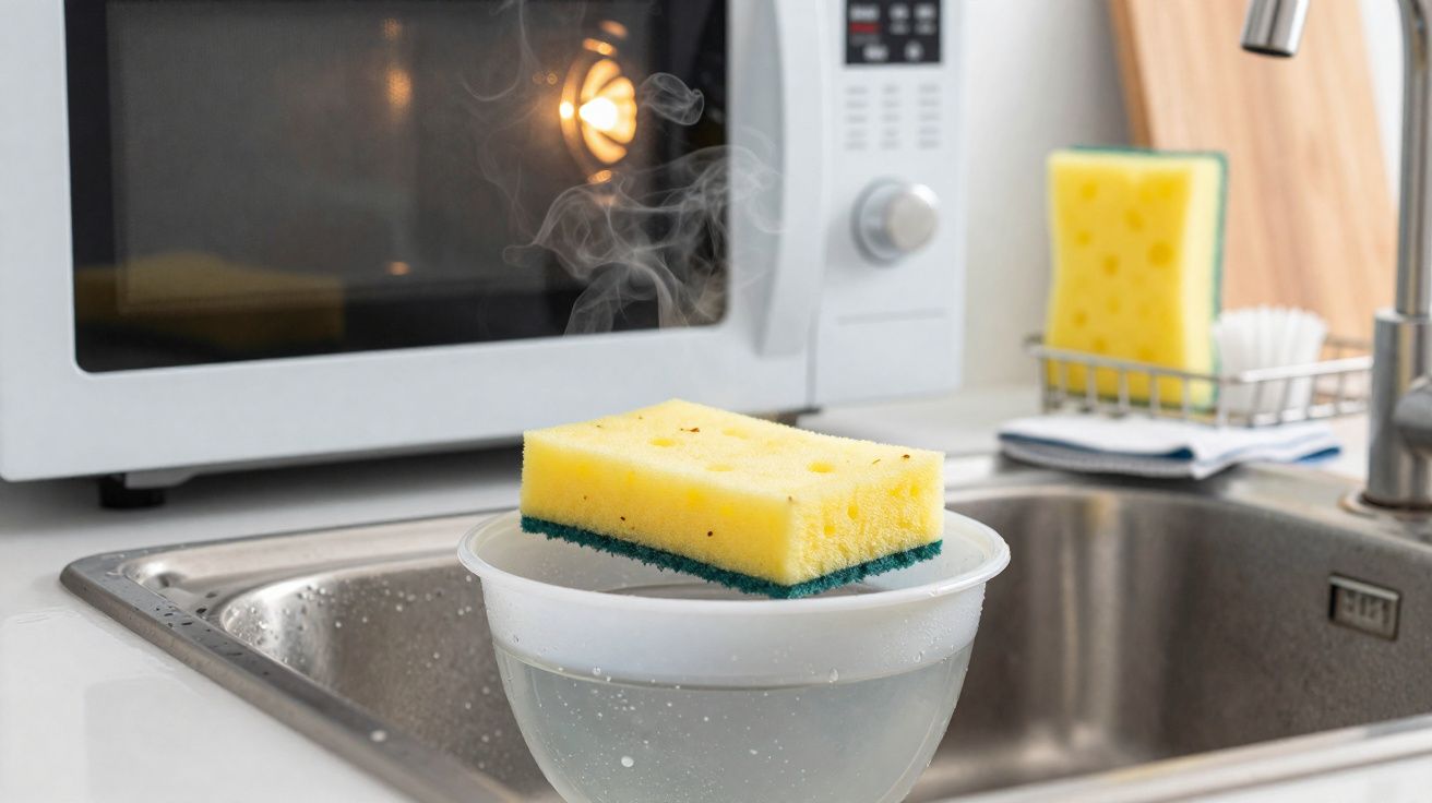 Esponja amarela a secar sobre taça plástica, com micro-ondas e lava-louça ao fundo numa cozinha.