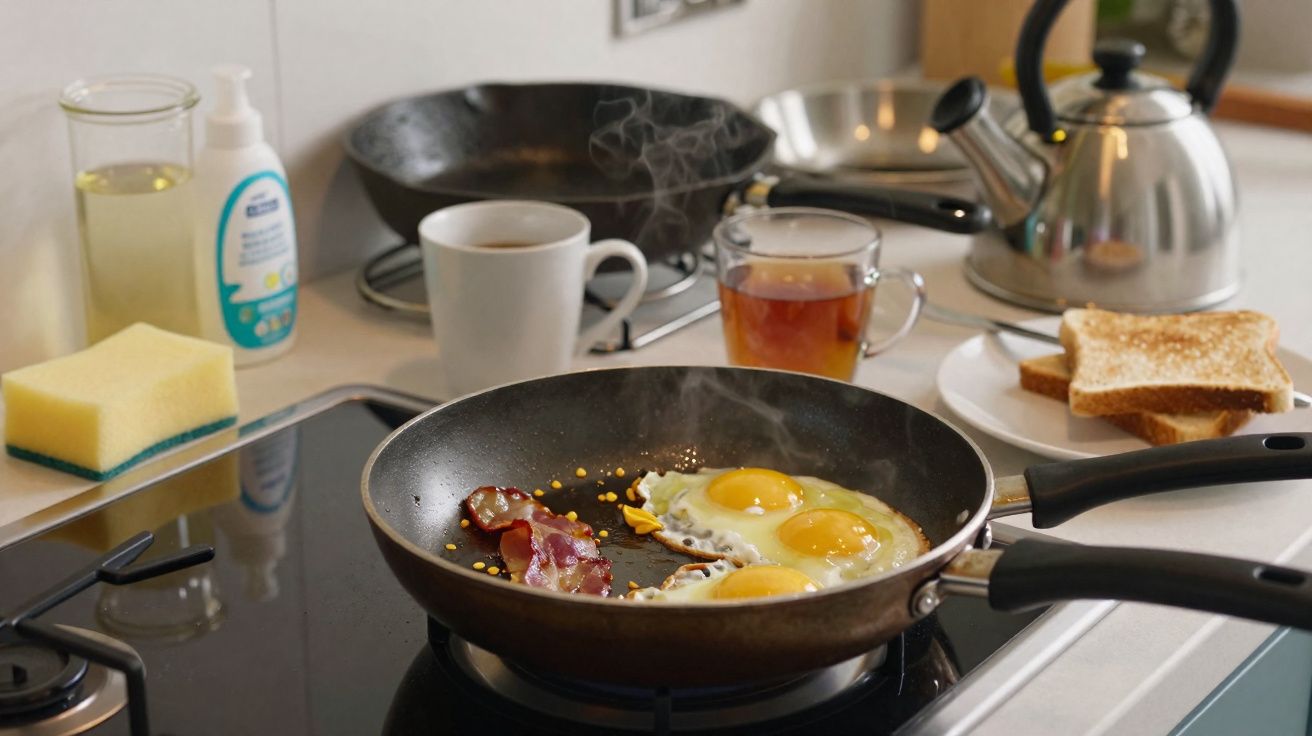 Frigideira com ovos estrelados e bacon a cozinhar num fogão, com chá, café e torradas ao fundo.