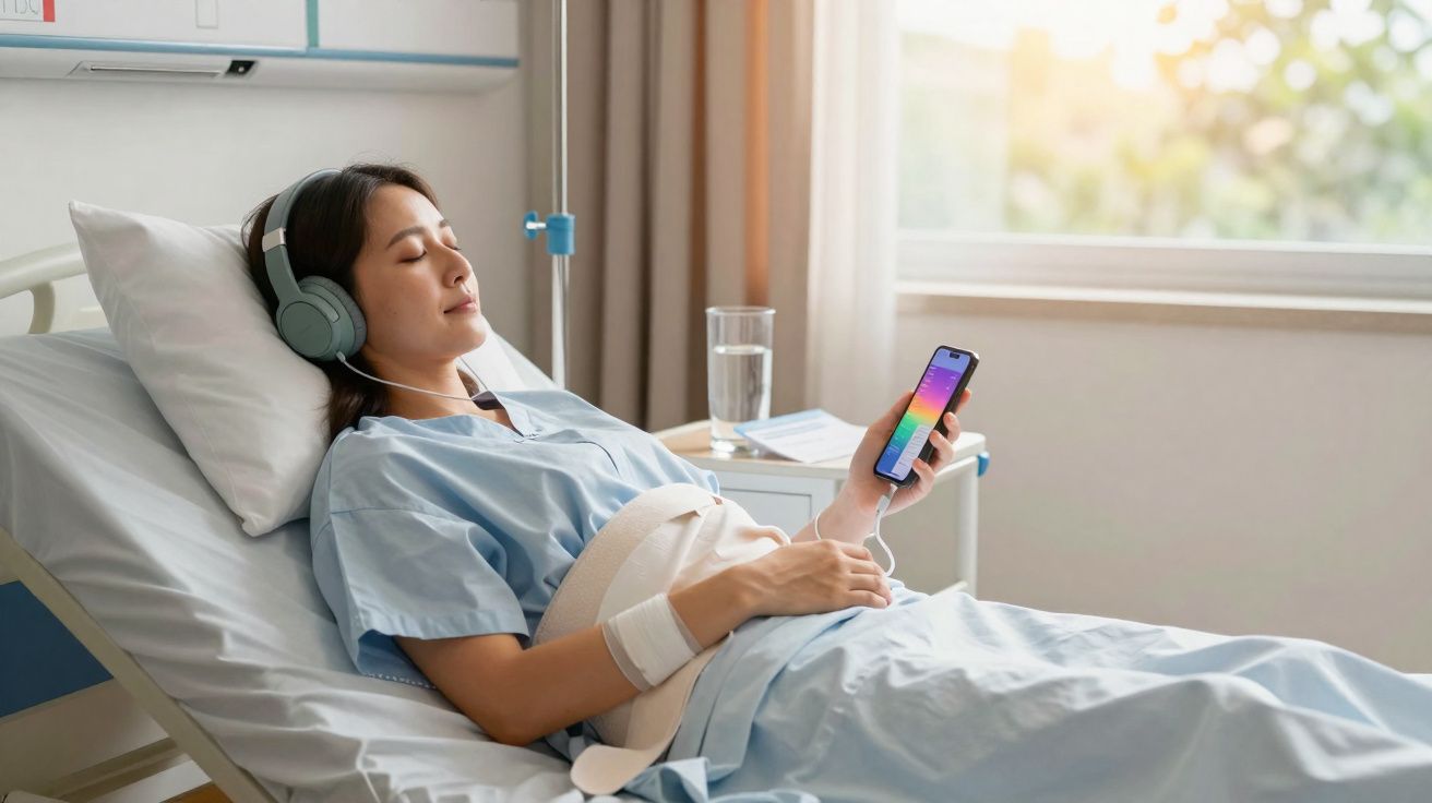 Mulher de bata hospitalar a descansar na cama, com auscultadores e a segurar um telemóvel na mão.