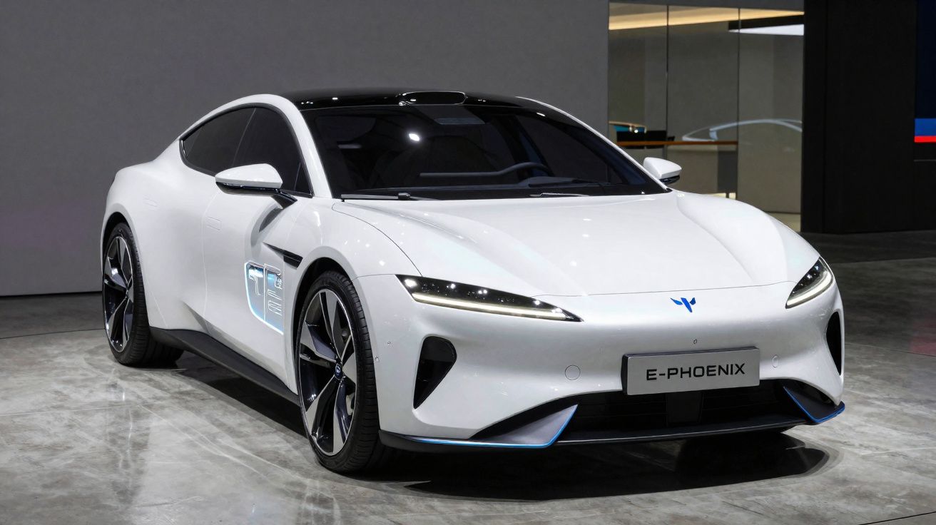 Carro elétrico desportivo branco estacionado em piso interior com design aerodinâmico e faróis LED finos.