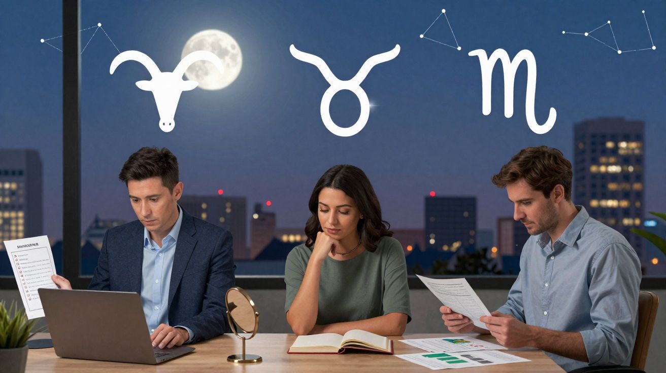 Três pessoas a trabalhar num escritório à noite, com símbolos do horóscopo e a lua cheia ao fundo.
