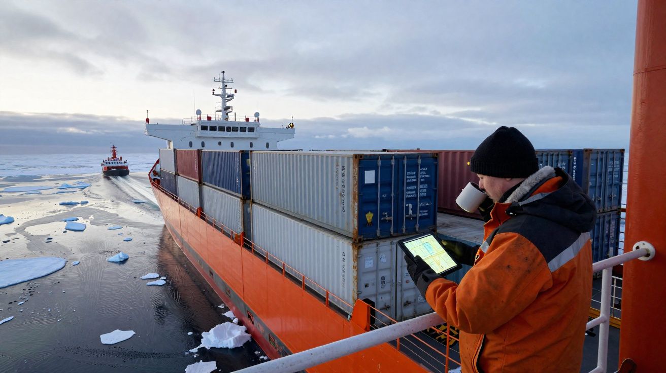 Homem com roupa de frio consulta tablet enquanto bebe numa plataforma de navio porta-contentores em águas geladas.