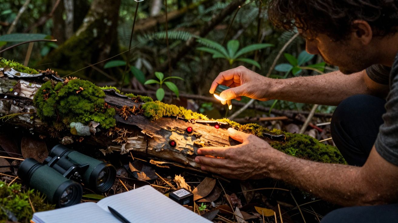 Homem segurando lupa com luz focada em tronco com musgo e frutos vermelhos numa floresta.
