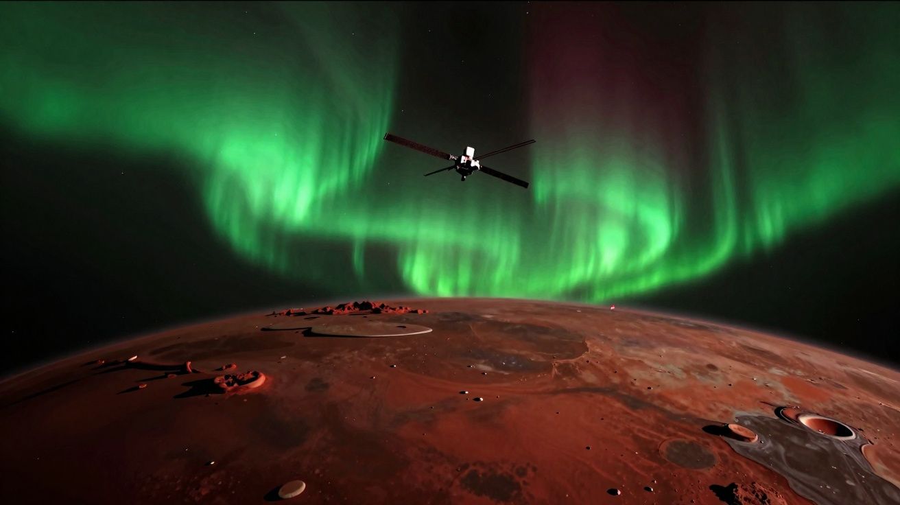 Sonda espacial sobrevoa Marte com aurora boreal verde brilhante no céu escuro acima do planeta vermelho.