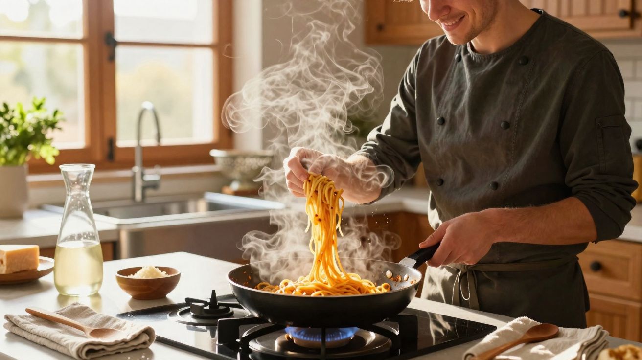 Homem a cozinhar massa fumegante numa frigideira numa cozinha luminosa e acolhedora.