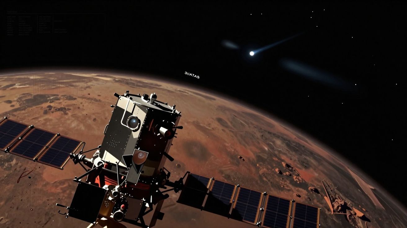 Sonda espacial com painéis solares orbitando Marte, com cometa brilhante visível no espaço.