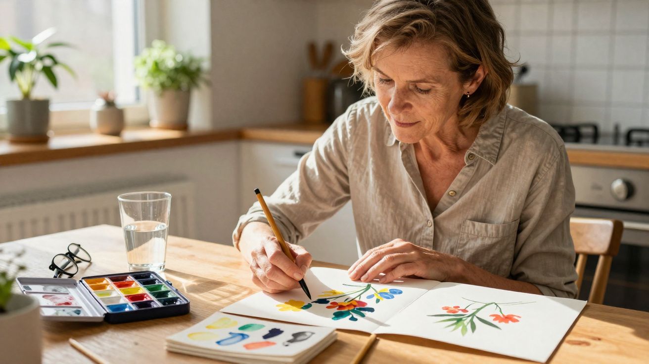 Mulher pinta flores coloridas em papel com tinta aguarela numa cozinha luminosa e acolhedora.