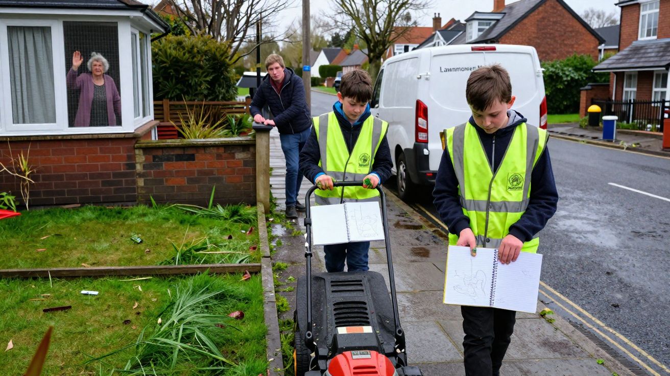 Duas crianças com coletes refletores cortam relva na calçada enquanto duas pessoas acenam à janela.